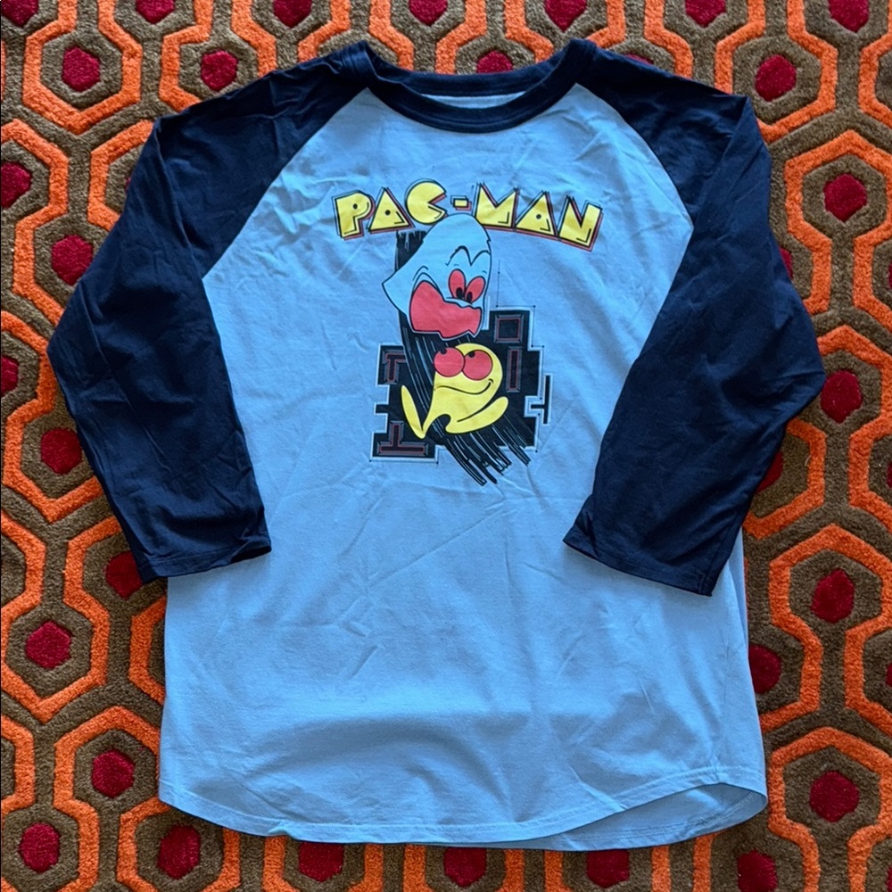Retro Pac-Man arcade Sport-Tek Long Sleeve Tees Blue Shirt Men's Medium baseball